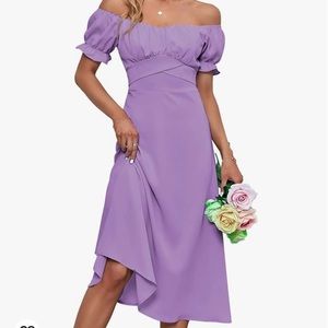 Women's Off Shoulder Ruffle Puff Short Sleeve Ruched Tie Back Dress | Lilac